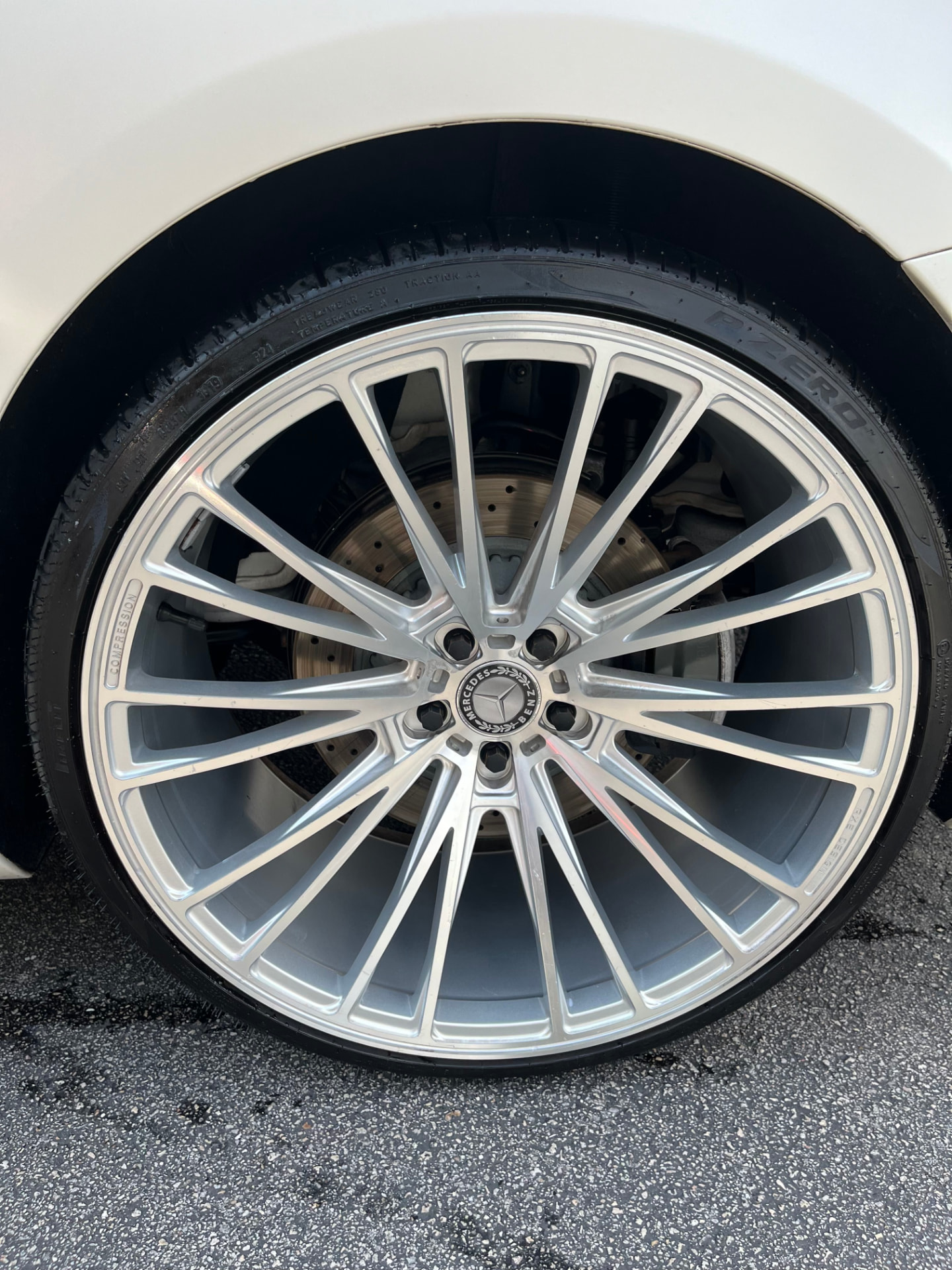 White car wheel and fender arch, spokes and tire dressed
